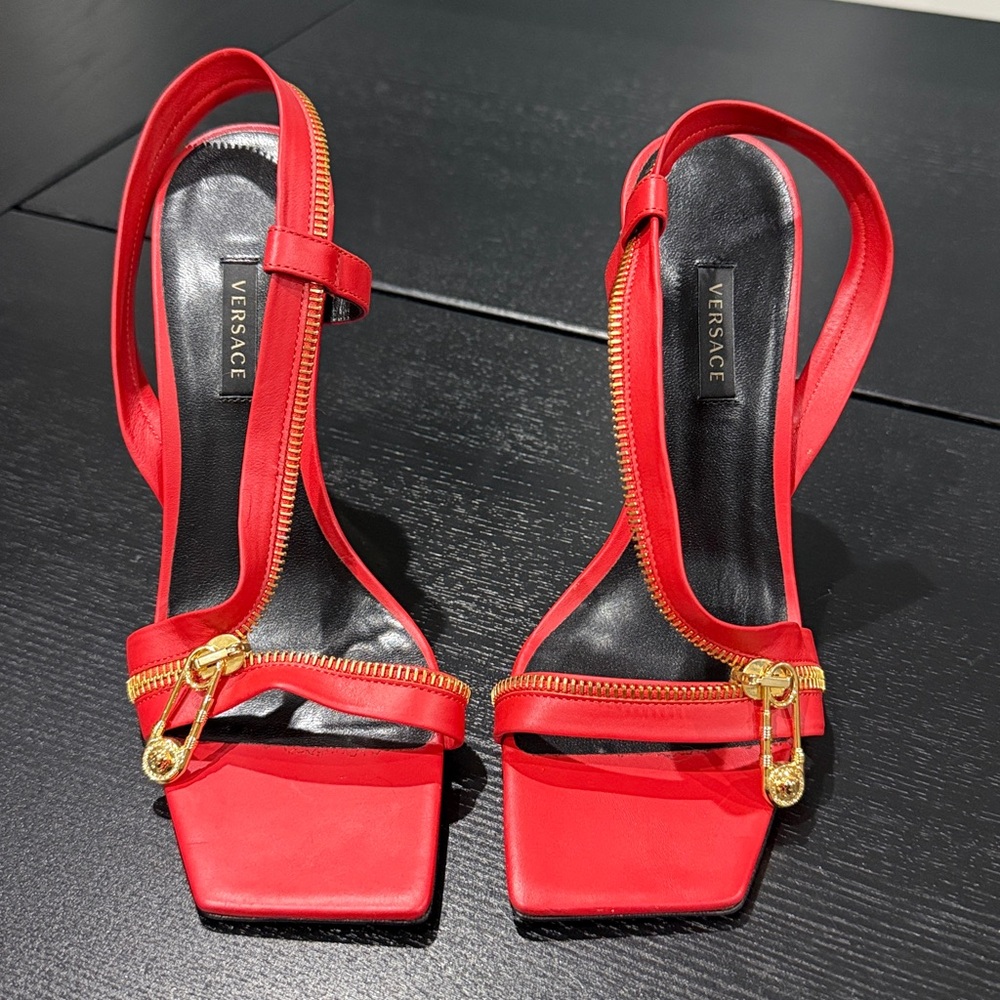 Versace Red Leather Zip Detail Heels | Size 38 | Gold Hardware - Picture 4 of 13